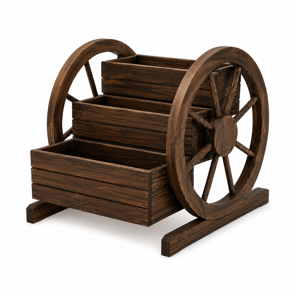 3-Tier Wooden Wagon Wheel Garden Planter with Rustic Display Shelves
