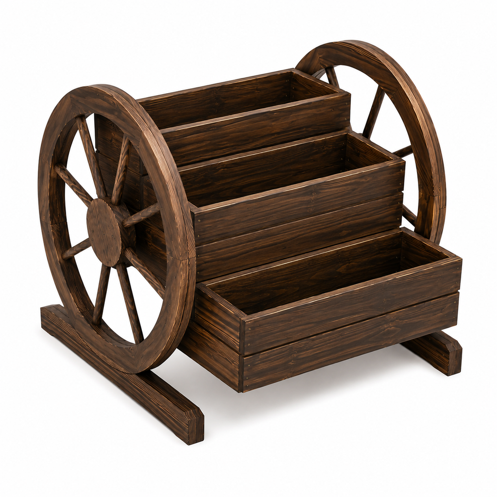 3-Tier Wooden Wagon Wheel Garden Planter with Rustic Display Shelves
