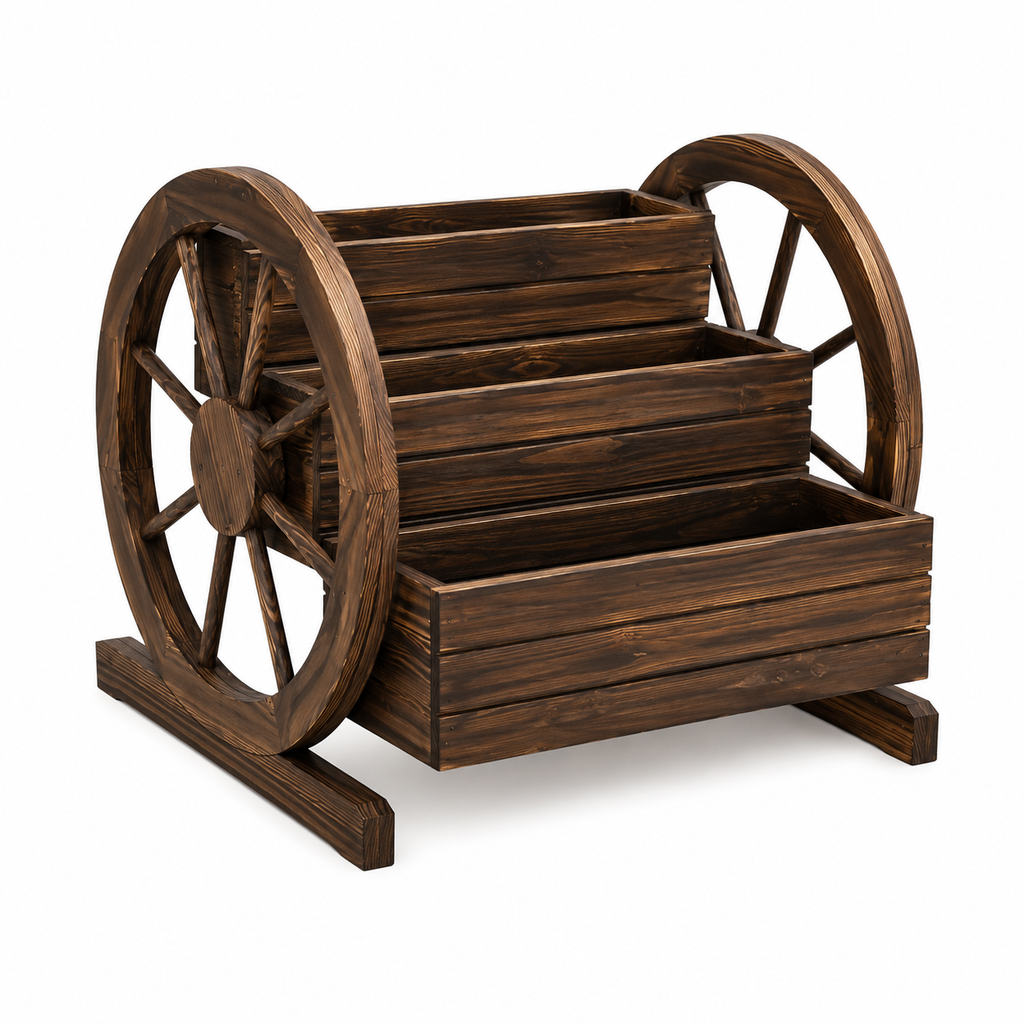 3-Tier Wooden Wagon Wheel Garden Planter with Rustic Display Shelves