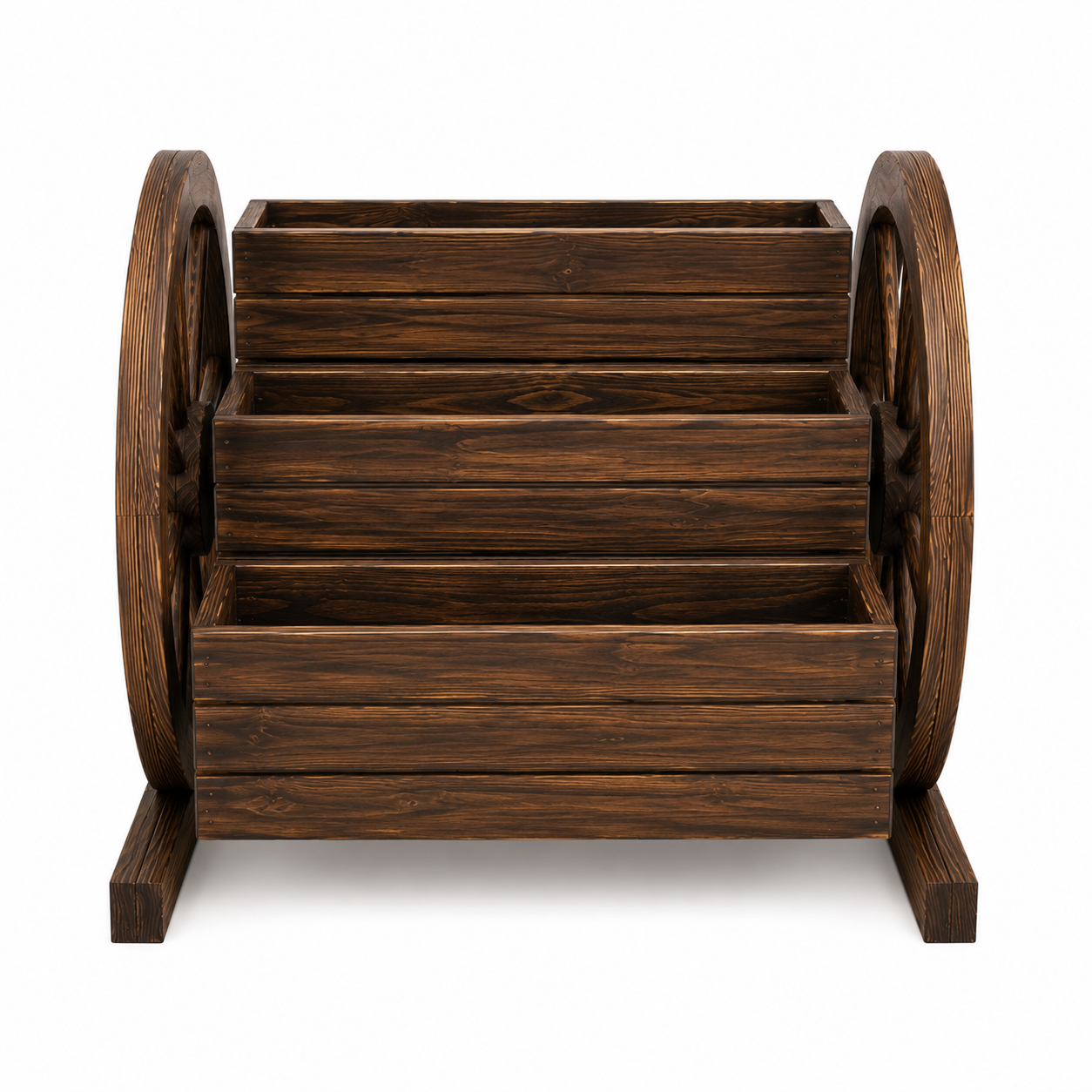 3-Tier Wooden Wagon Wheel Garden Planter with Rustic Display Shelves