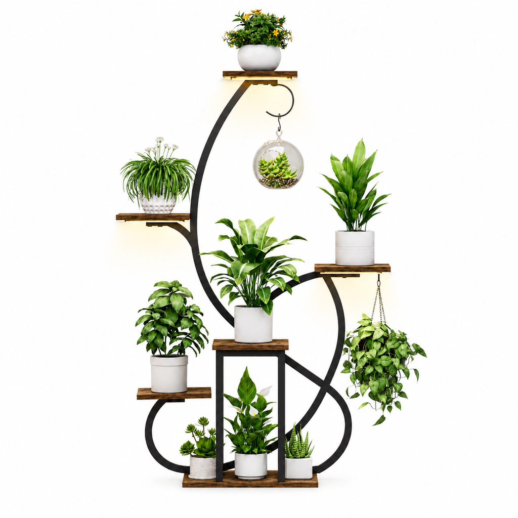 6-Tier Indoor Plant Stand with Grow Lights and Hanging Hooks