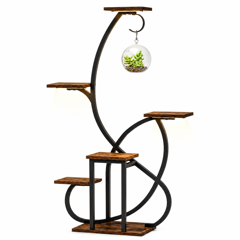 6-Tier Indoor Plant Stand with Grow Lights and Hanging Hooks