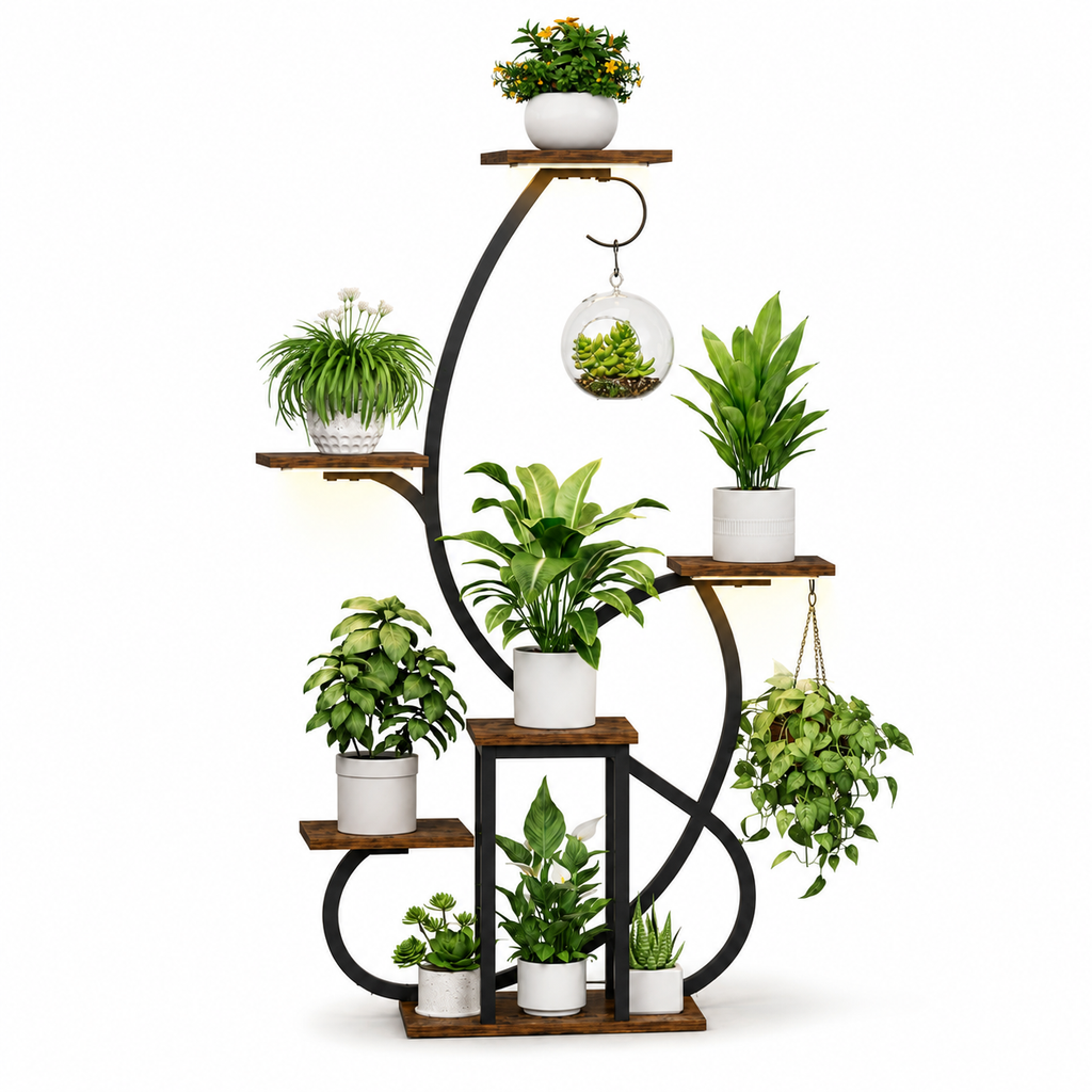 6-Tier Indoor Plant Stand with Grow Lights and Hanging Hooks