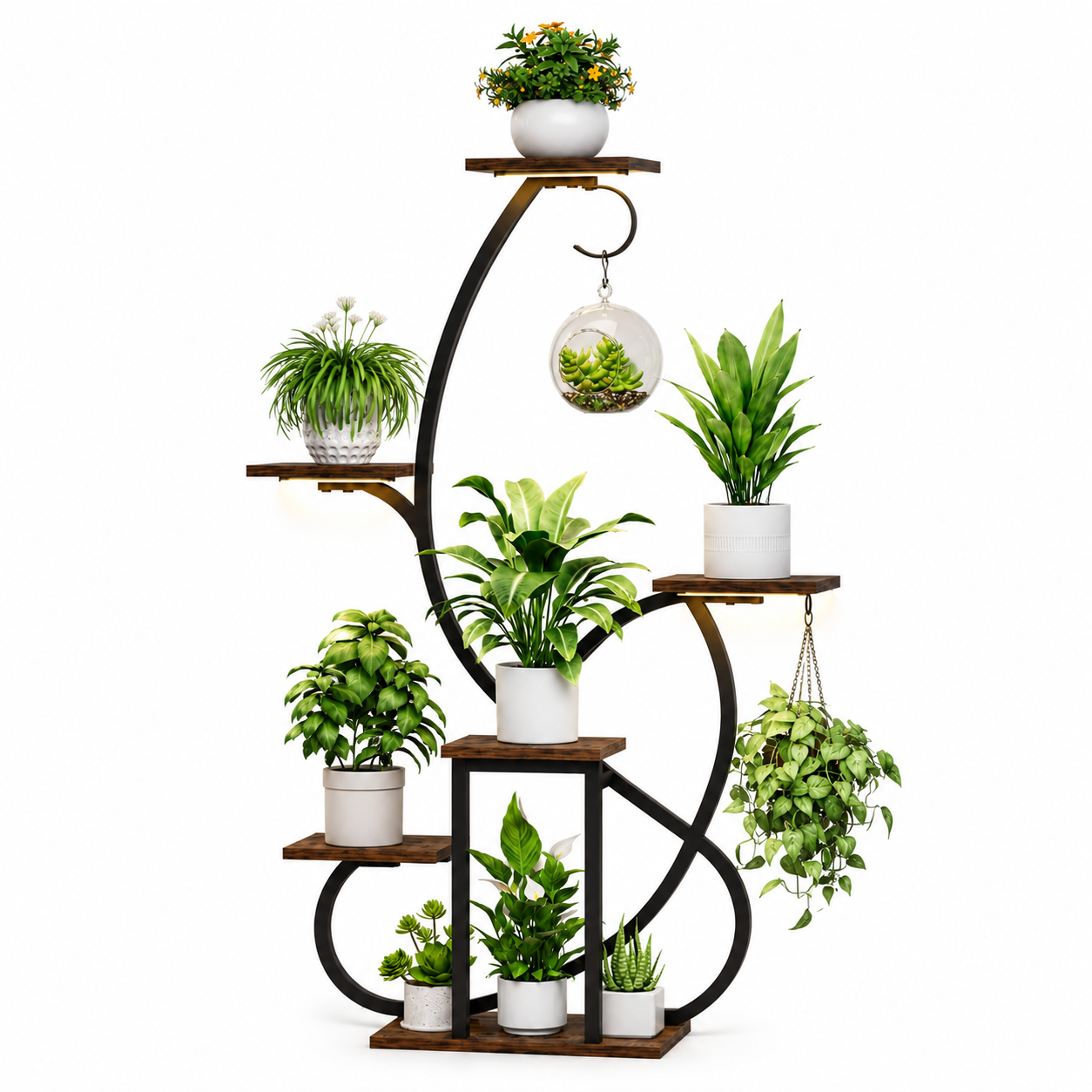 6-Tier Indoor Plant Stand with Grow Lights and Hanging Hooks