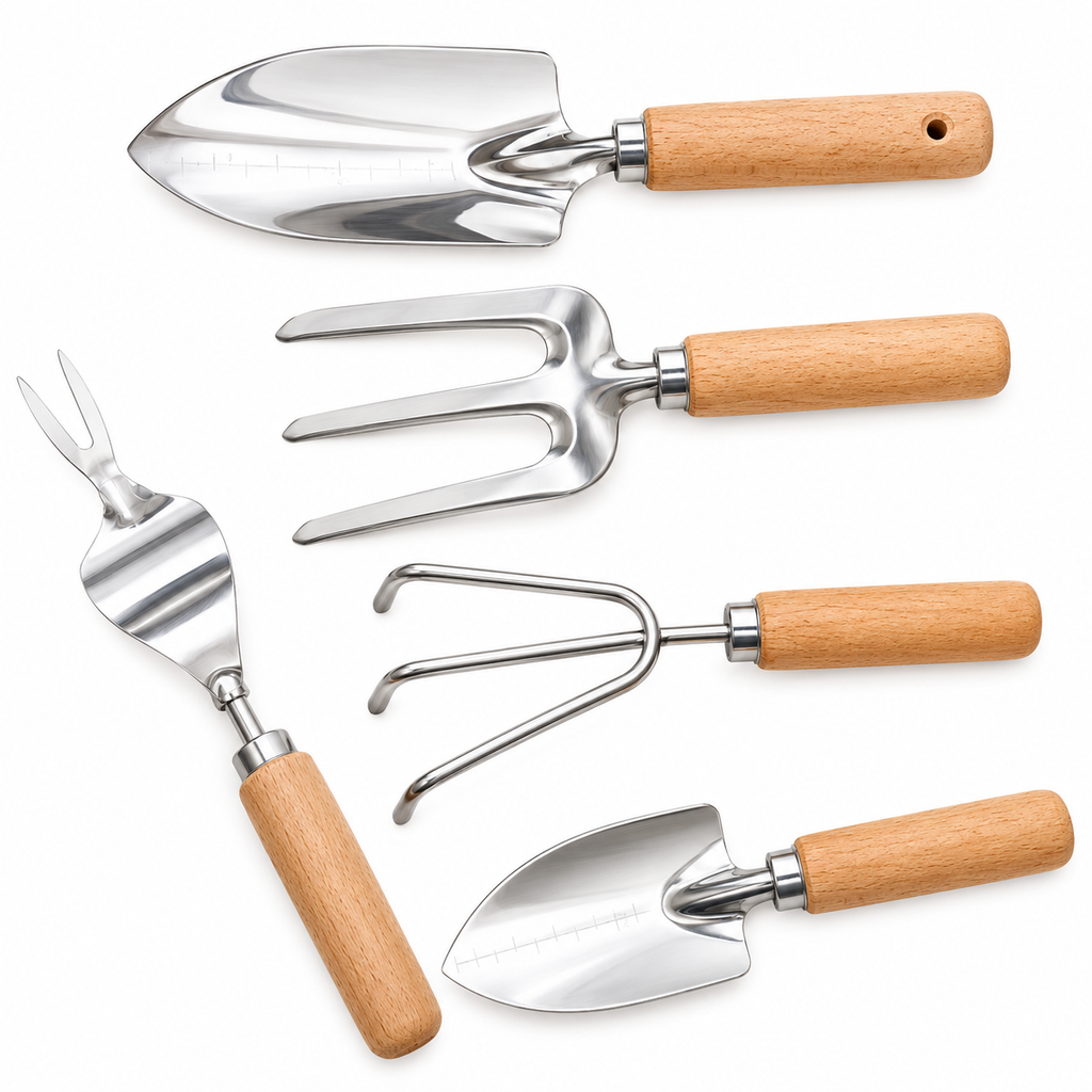 5-Piece Stainless Steel Garden Hand Tool Set with Wooden Handles